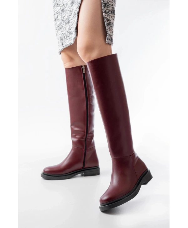 2024-3007 Bordo Fermuarlı Günlük Kadın Çizme