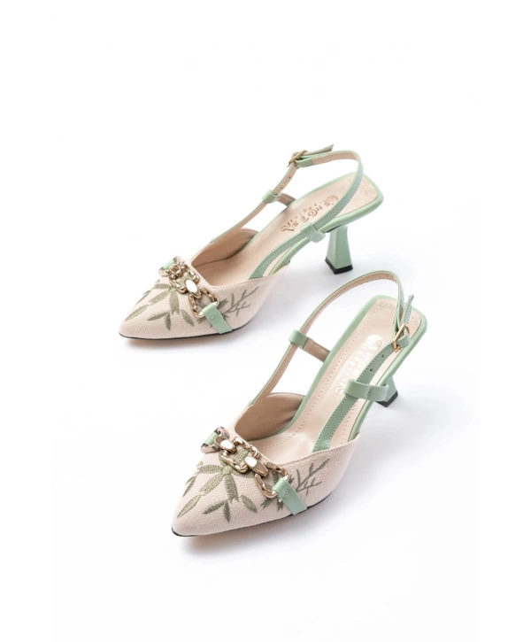 K-250 Fıstık Yeşili Keten Günlük Arkası Açık Tokalı Topuklu Kadın Ayakkabı