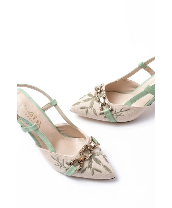 K-250 Fıstık Yeşili Keten Günlük Arkası Açık Tokalı Topuklu Kadın Ayakkabı