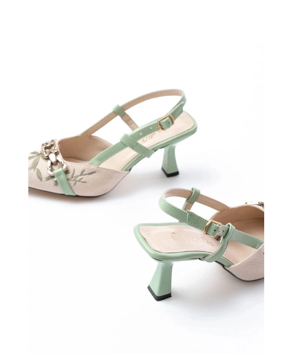 K-250 Fıstık Yeşili Keten Günlük Arkası Açık Tokalı Topuklu Kadın Ayakkabı