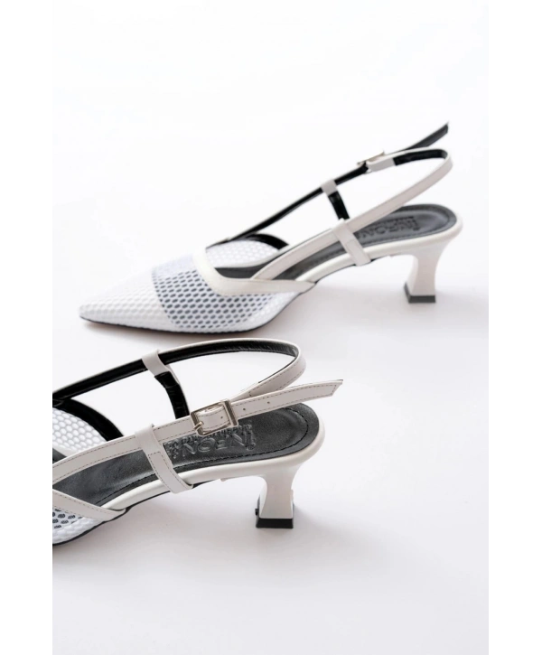 K-607 Beyaz Günlük Fileli Arkası Açık 7 cm Topuklu Bayan Ayakkabı