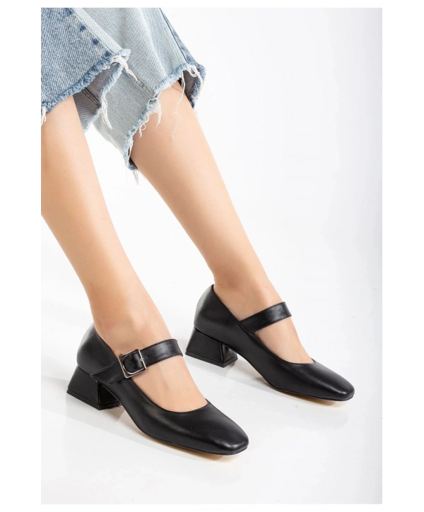 ST-006 Siyah Günlük 4 cm Topuklu Bayan Ayakkabı