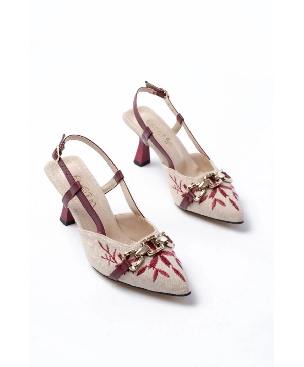 K-250 Bordo Keten Günlük Arkası Açık Tokalı Topuklu Kadın Ayakkabı