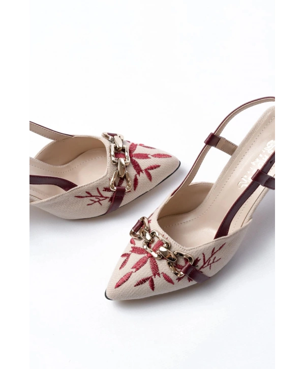 K-250 Bordo Keten Günlük Arkası Açık Tokalı Topuklu Kadın Ayakkabı