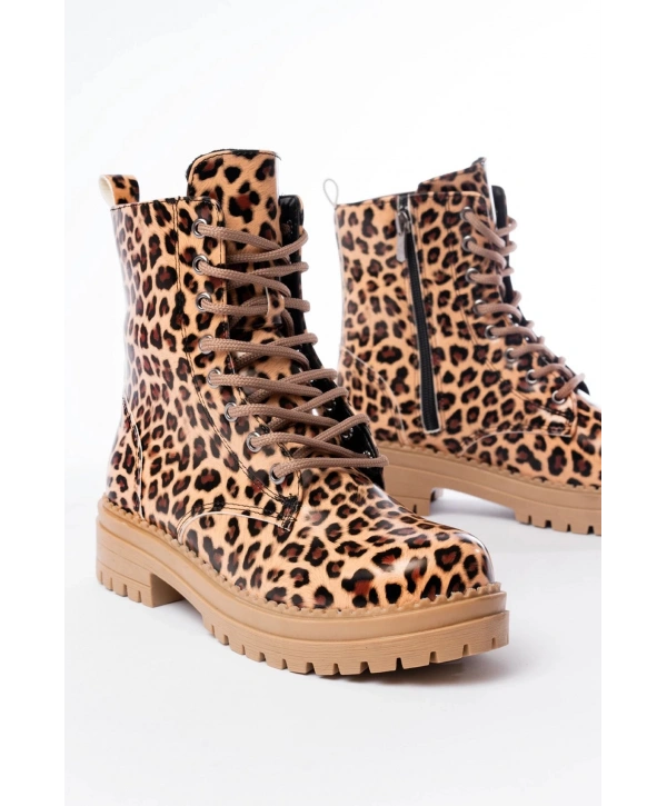 2121-356 Parlak Leopar Bağcıklı Fermuarlı Günlük Kadın Bot
