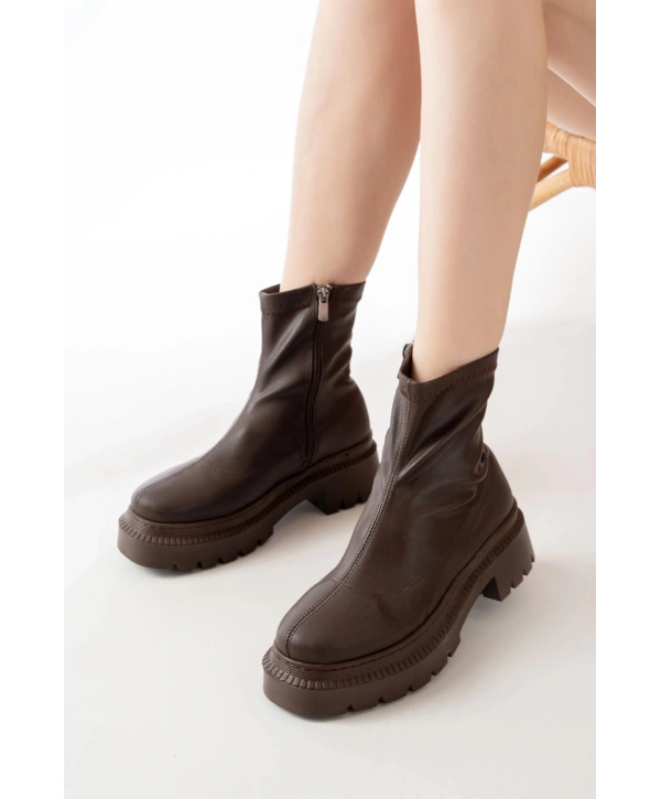 236-2011 Kahve Streç Fermuarlı Günlük Kadın Bot