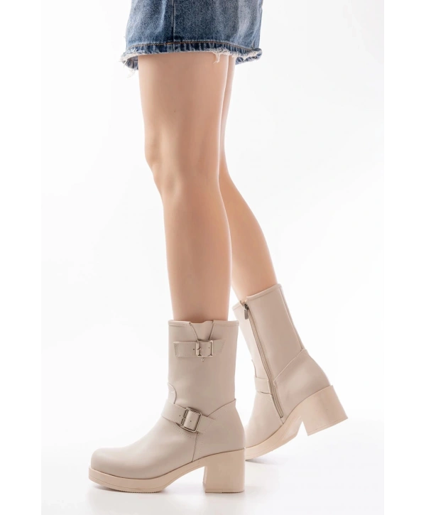 5109-3043 Bej Toka Aksesuarlı Fermuarlı Kalın Topuklu Günlük Kadın Bot