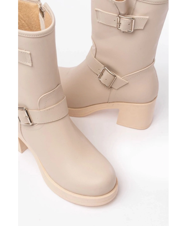 5109-3043 Bej Toka Aksesuarlı Fermuarlı Kalın Topuklu Günlük Kadın Bot