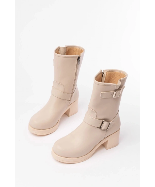 5109-3043 Bej Toka Aksesuarlı Fermuarlı Kalın Topuklu Günlük Kadın Bot