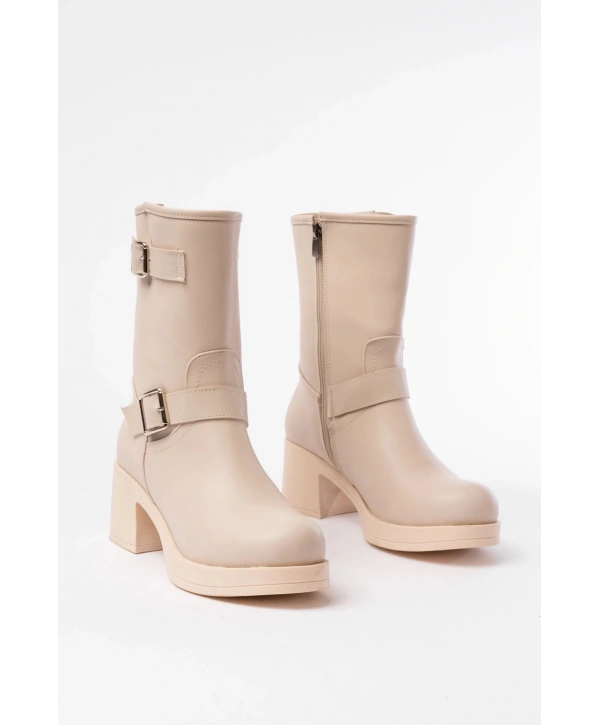 5109-3043 Bej Toka Aksesuarlı Fermuarlı Kalın Topuklu Günlük Kadın Bot