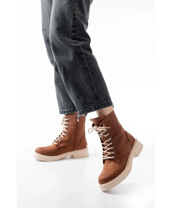 02-356 Taba Süet Düz Topuklu Bağcıklı Fermuarlı Günlük Kadın Bot