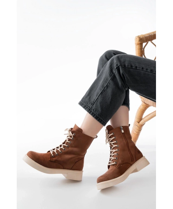 02-356 Taba Süet Düz Topuklu Bağcıklı Fermuarlı Günlük Kadın Bot