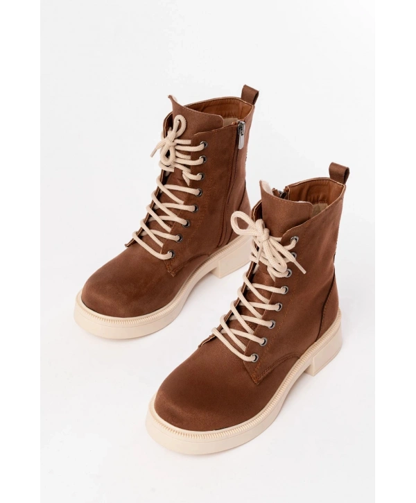 02-356 Taba Süet Düz Topuklu Bağcıklı Fermuarlı Günlük Kadın Bot