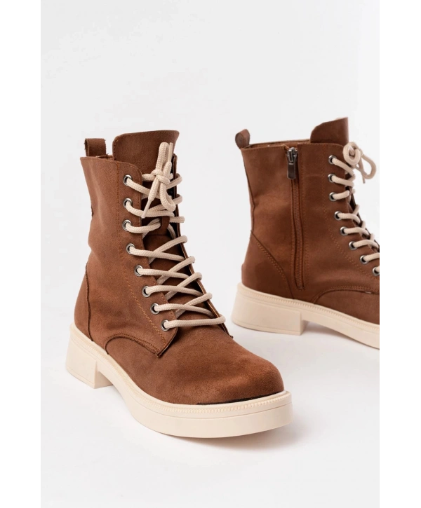 02-356 Taba Süet Düz Topuklu Bağcıklı Fermuarlı Günlük Kadın Bot