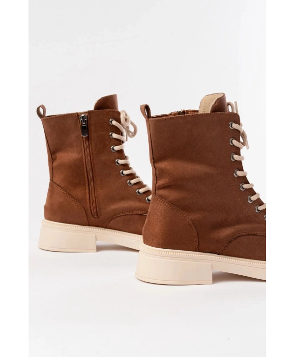 02-356 Taba Süet Düz Topuklu Bağcıklı Fermuarlı Günlük Kadın Bot