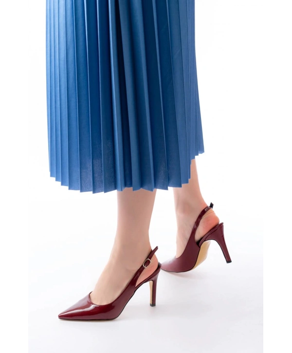 ST-1153 Bordo Rugan Günlük Arkası Açık 9 cm Topuklu Kadın Ayakkabı