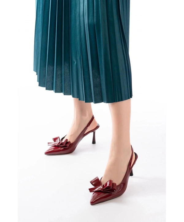 İNF-4501 Bordo Rugan Günlük Arkası Açık Fiyonklu Topuklu Bayan Ayakkabı