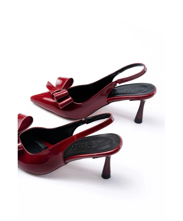 İNF-4501 Bordo Rugan Günlük Arkası Açık Fiyonklu Topuklu Bayan Ayakkabı