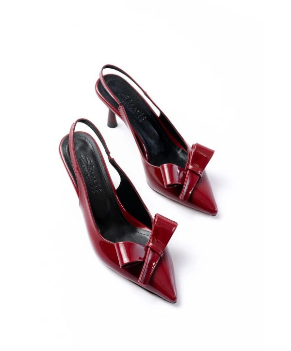 İNF-4501 Bordo Rugan Günlük Arkası Açık Fiyonklu Topuklu Bayan Ayakkabı