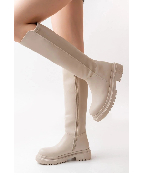 812-305 Bej Arkası Streç Fermuarlı Günlük Kadın Çizme