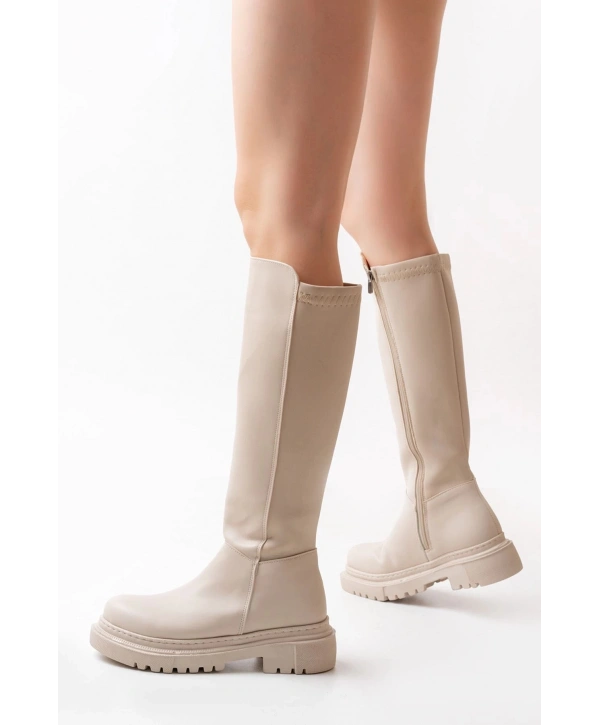 812-305 Bej Arkası Streç Fermuarlı Günlük Kadın Çizme