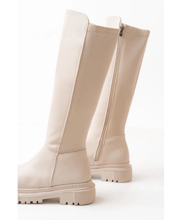 812-305 Bej Arkası Streç Fermuarlı Günlük Kadın Çizme