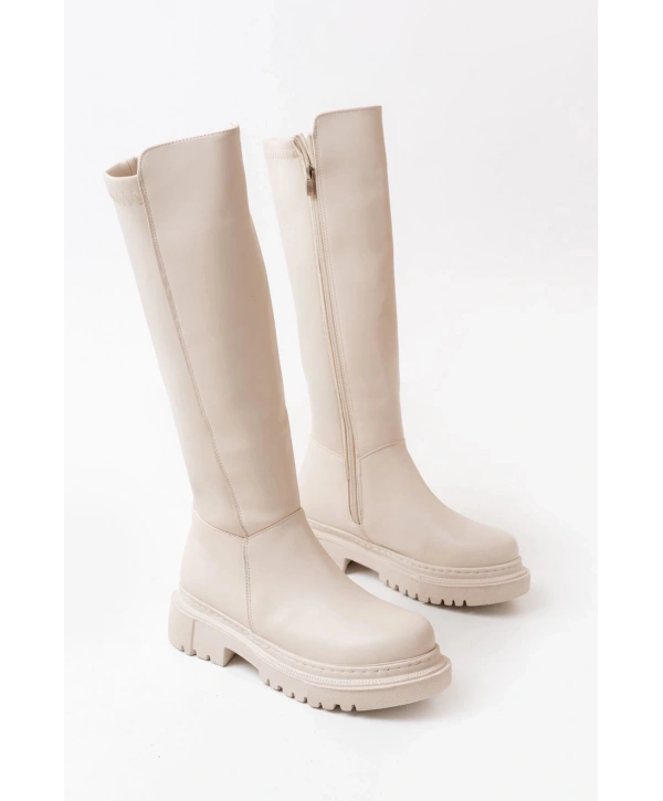 812-305 Bej Arkası Streç Fermuarlı Günlük Kadın Çizme