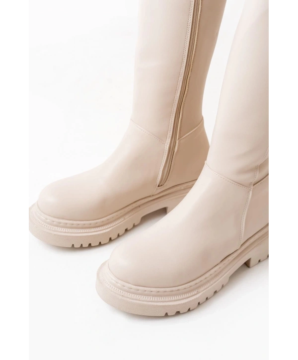 812-305 Bej Arkası Streç Fermuarlı Günlük Kadın Çizme