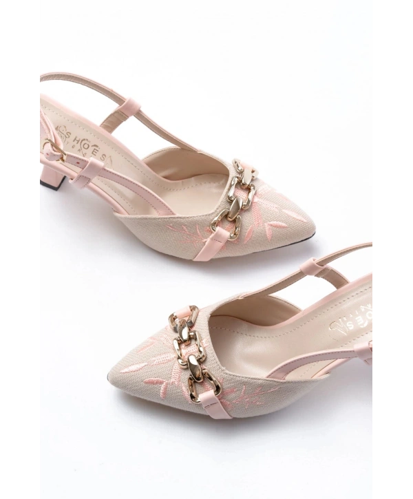 K-250 Pudra Keten Günlük Arkası Açık Tokalı Topuklu Kadın Ayakkabı