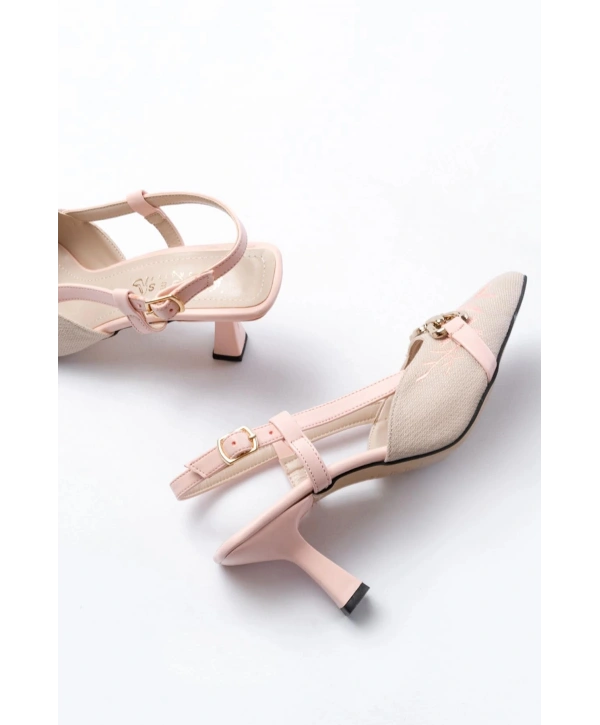 K-250 Pudra Keten Günlük Arkası Açık Tokalı Topuklu Kadın Ayakkabı