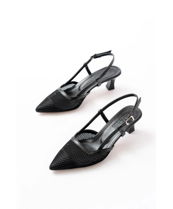 K-607 Siyah Günlük Fileli Arkası Açık 7 cm Topuklu Bayan Ayakkabı