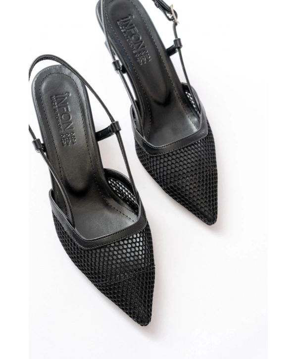 K-607 Siyah Günlük Fileli Arkası Açık 7 cm Topuklu Bayan Ayakkabı