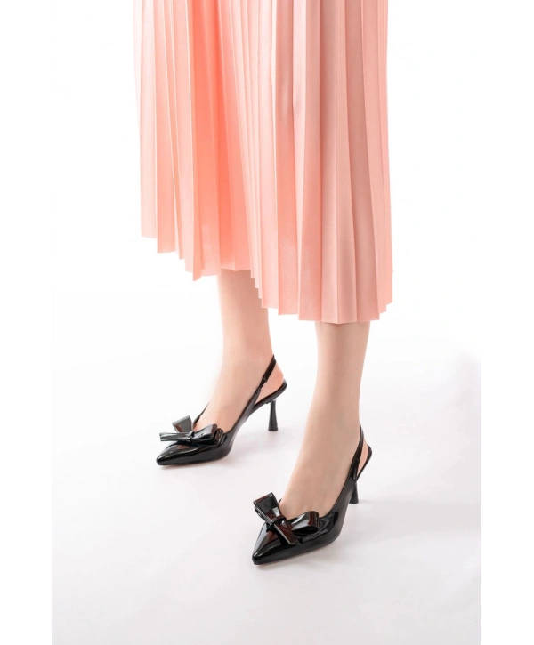 İNF-4501 Siyah Rugan Günlük Arkası Açık Fiyonklu Topuklu Bayan Ayakkabı