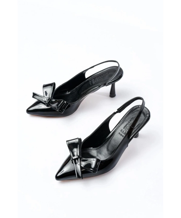 İNF-4501 Siyah Rugan Günlük Arkası Açık Fiyonklu Topuklu Bayan Ayakkabı