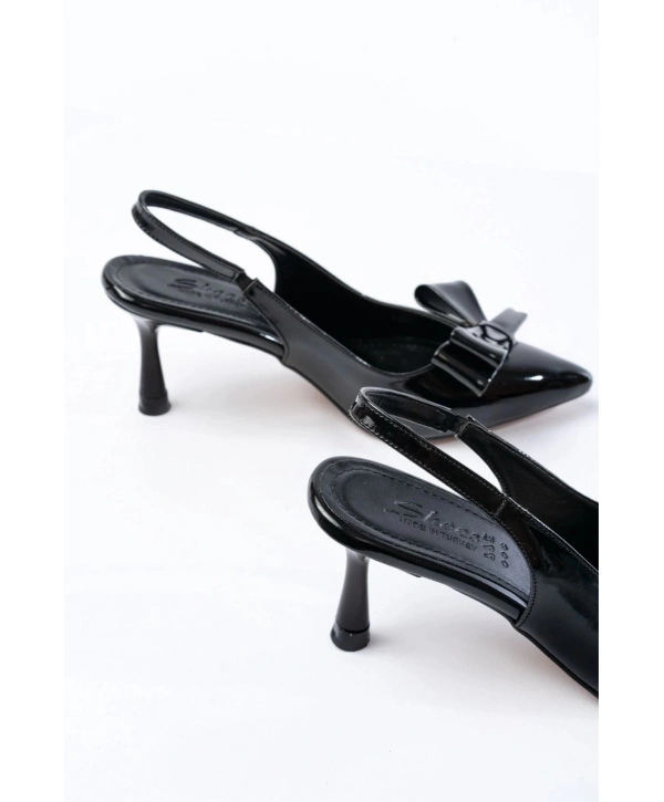 İNF-4501 Siyah Rugan Günlük Arkası Açık Fiyonklu Topuklu Bayan Ayakkabı