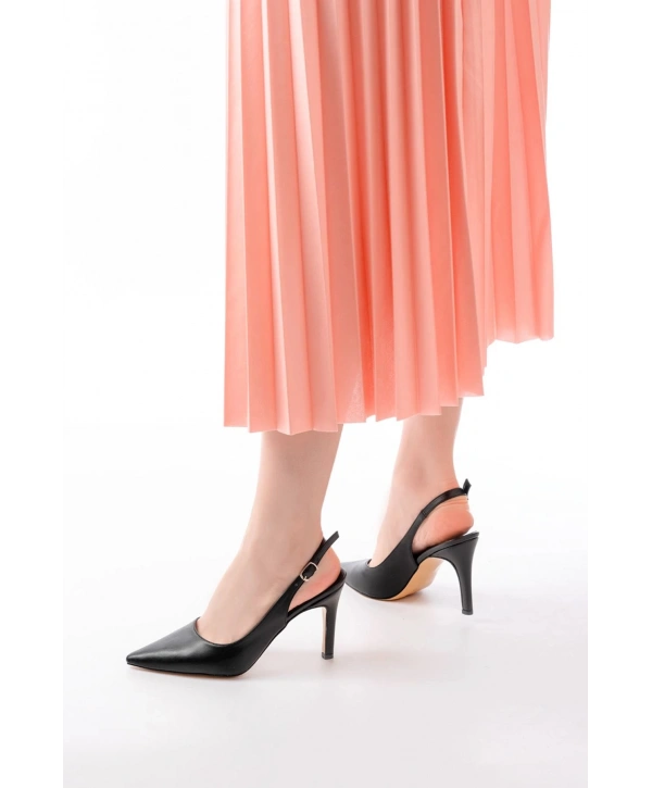 ST-1153 Siyah Günlük Arkası Açık 9 cm Topuklu Kadın Ayakkabı