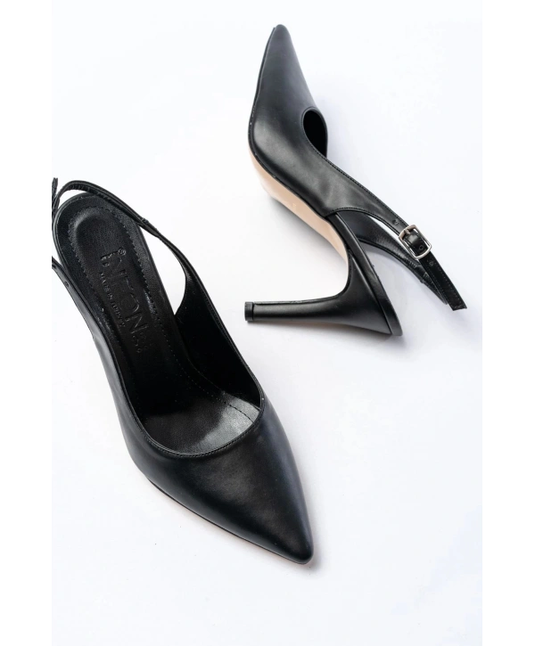 ST-1153 Siyah Günlük Arkası Açık 9 cm Topuklu Kadın Ayakkabı