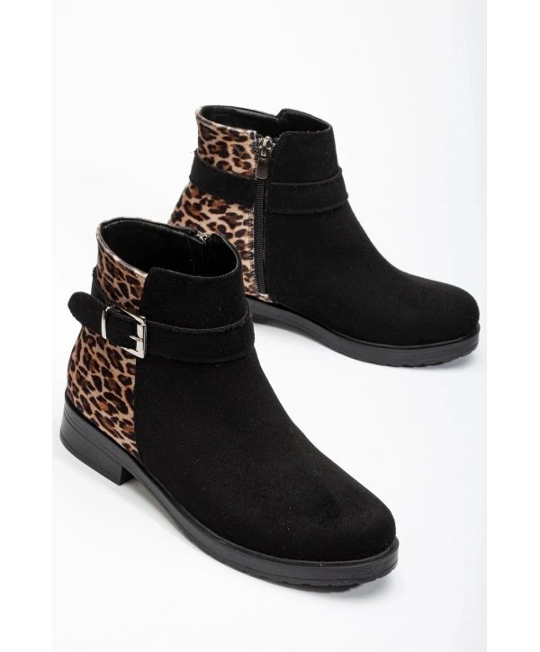 165-204/1 Siyah Süete Leopar Toka Aksesuarlı Fermuarlı Günlük Kadın Bot