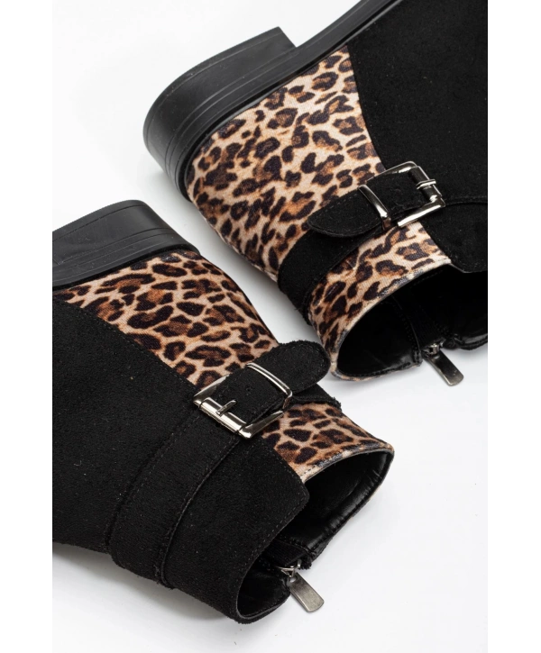 165-204/1 Siyah Süete Leopar Toka Aksesuarlı Fermuarlı Günlük Kadın Bot
