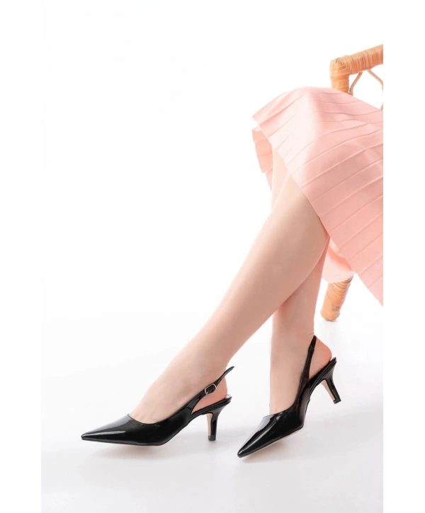 ST-1152 Siyah Rugan Günlük 7 cm Topuklu Kadın Ayakkabı