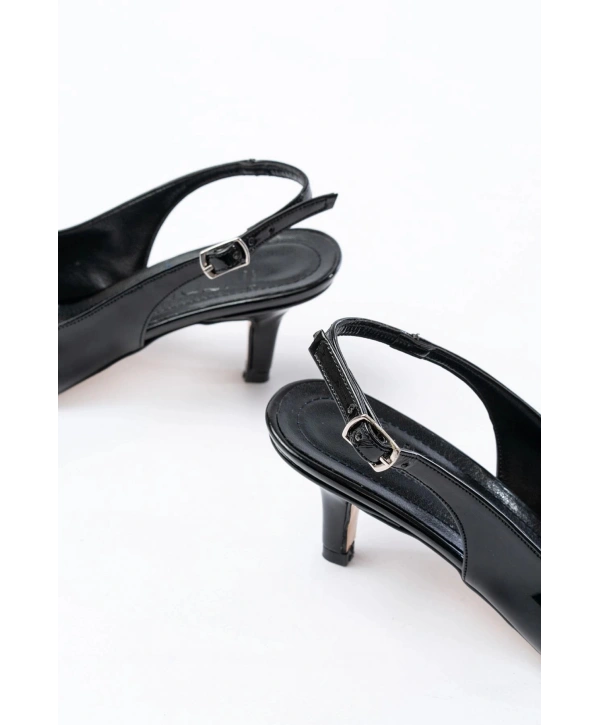 ST-1152 Siyah Rugan Günlük 7 cm Topuklu Kadın Ayakkabı