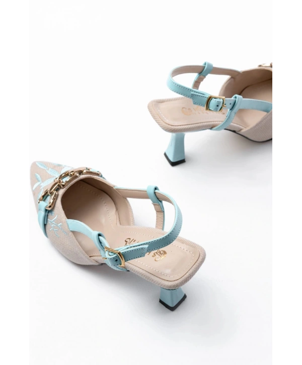 K-250 Mavi Keten Günlük Arkası Açık Tokalı Topuklu Kadın Ayakkabı