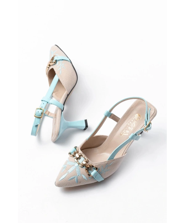 K-250 Mavi Keten Günlük Arkası Açık Tokalı Topuklu Kadın Ayakkabı