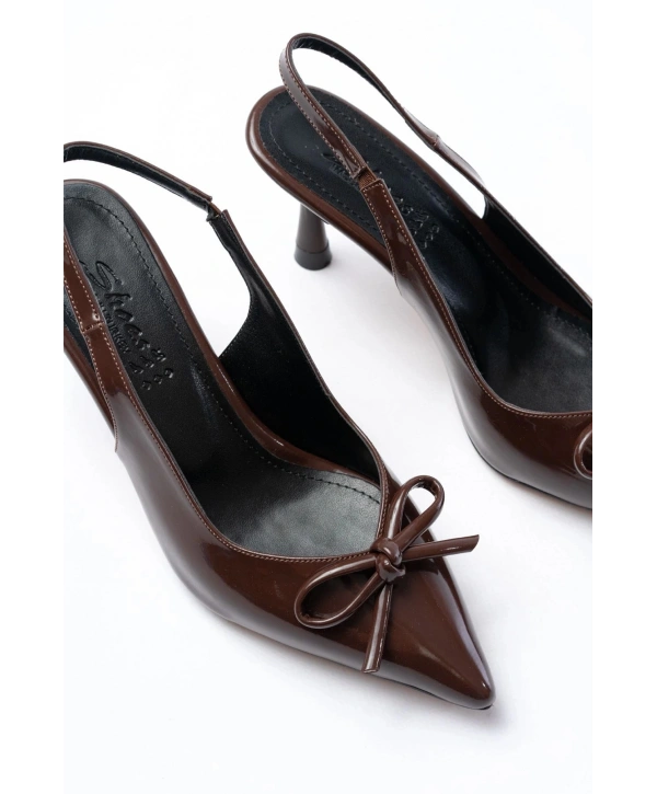 İNF-4500 Kahve Rugan Günlük Arkası Açık Fiyonklu Topuklu Bayan Ayakkabı