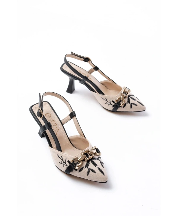 K-250 Siyah Keten Günlük Arkası Açık Tokalı Topuklu Kadın Ayakkabı