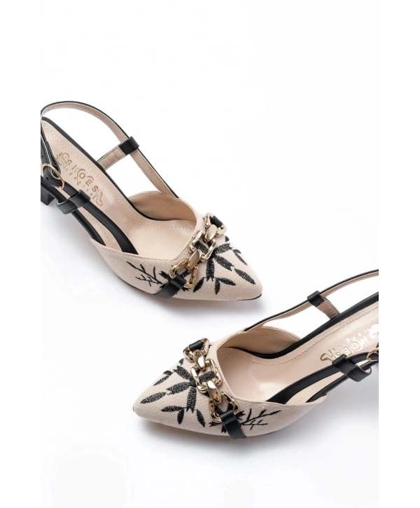 K-250 Siyah Keten Günlük Arkası Açık Tokalı Topuklu Kadın Ayakkabı