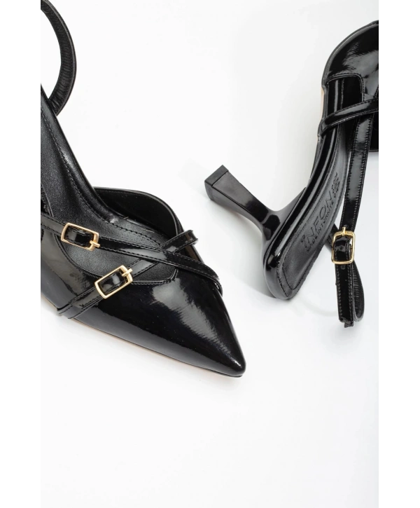 ST-005 Siyah Rugan Günlük 7 cm Topuklu Bayan Ayakkabı