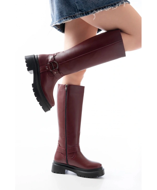 236-3021 Bordo Fermuarlı Günlük Kadın Çizme