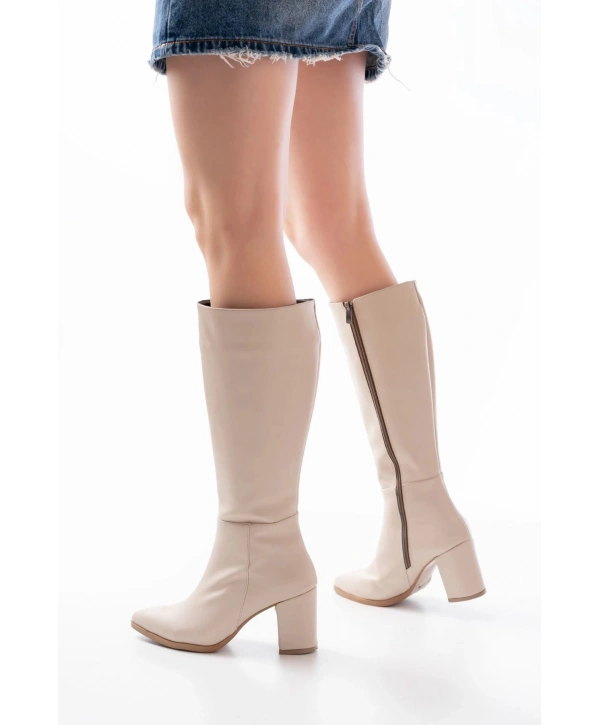 YSN-4422 Bej Topuklu Kadın Çizme