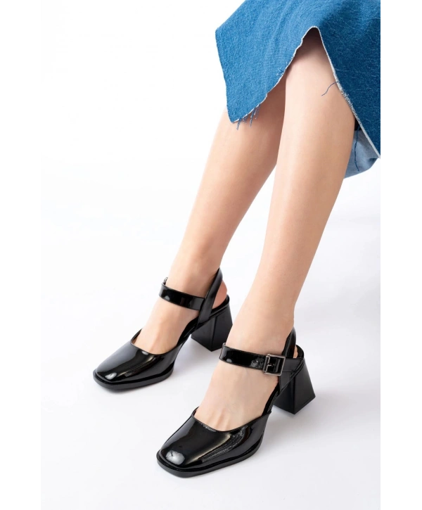 İNF-40450 Siyah Rugan Günlük Arkası Açık Topuklu Bayan Ayakkabı